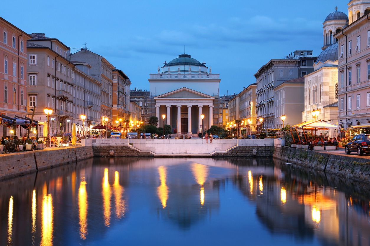 Scenic view of the Canal Grande in Trieste, Italy at night.